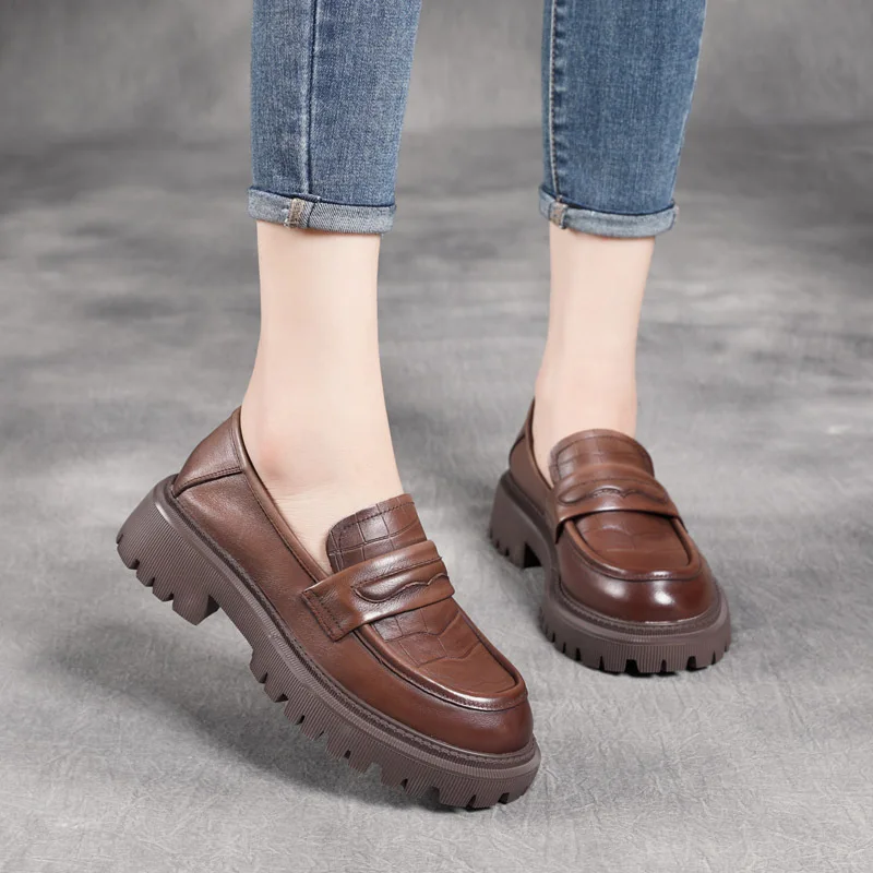 

2022 New Casual Lazybone First Layer Cowhide round Toe Square Heel Loafers Large Factory Direct Supply