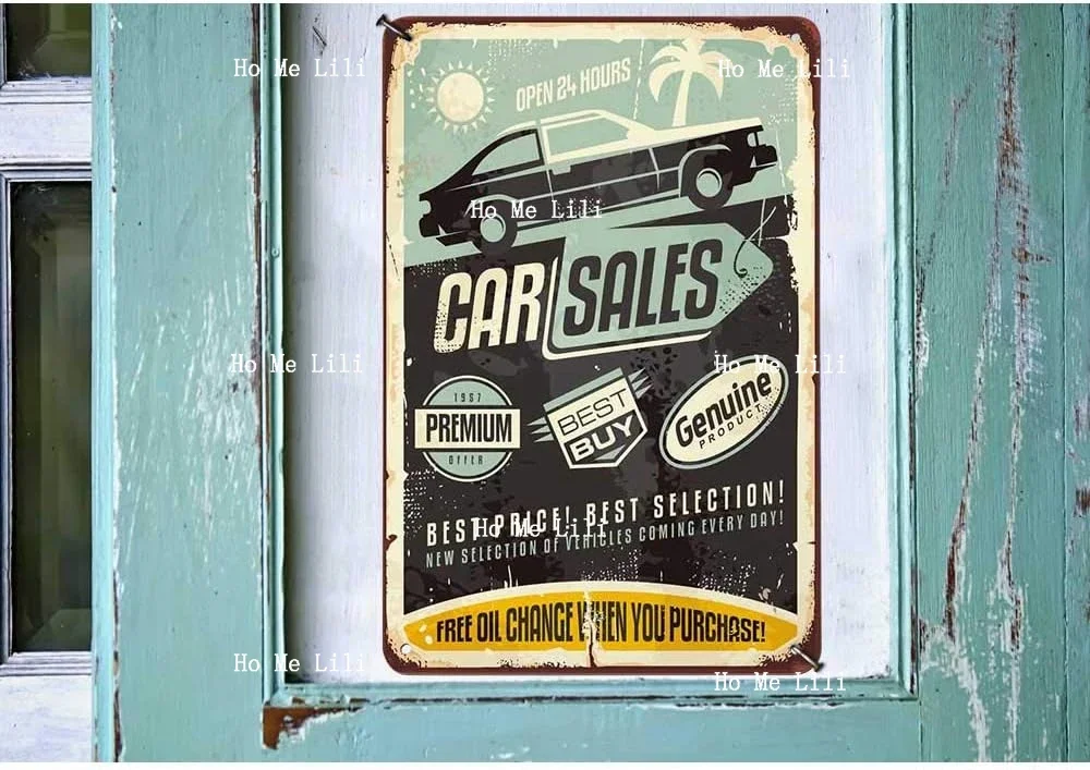 Car Sales Tin Sign Vintage Poster Of A Car With A Big Sun And Lettering Vintage Metal Tin Signs For Wall Art Decor