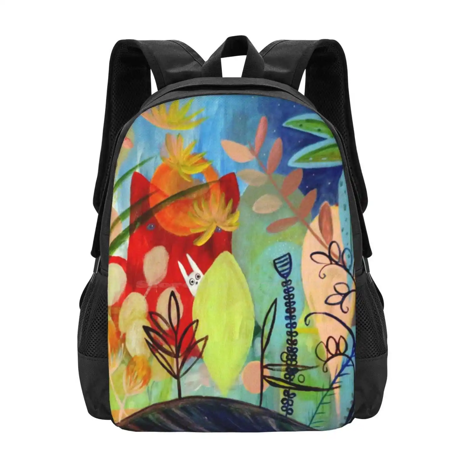 Magic Garden Hot Sale Schoolbag Backpack Fashion Bags Magic Garden Acrylic Painting Bunny Big Red Cat Floral Fantasy Whimsical