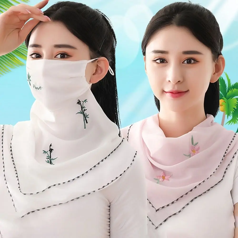 UV Protection Fishing Face Scarves Embroidered Scarf Hiking Outdoor Sunscreen Veil Face Cover Ice Silk Mask Triangular Scarf