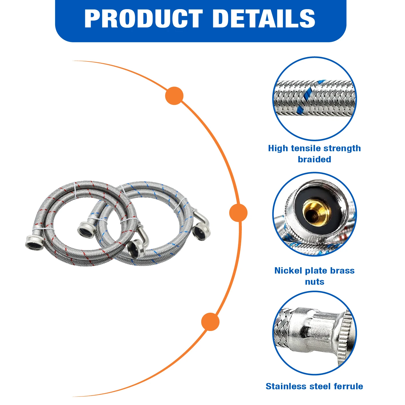 KING SMART 6 FT 90 Degree Elbow Washing Machine Hose; Premium SS Braided; Burst Proof For Hot and Cold Water Supply Lines; 81023