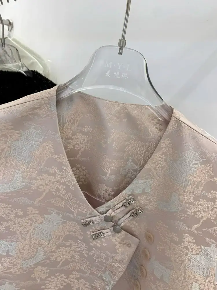 Gilet in raso di seta con stampa floreale Top da donna senza maniche con scollo a V vintage Top con fibbia retrò in stile cinese