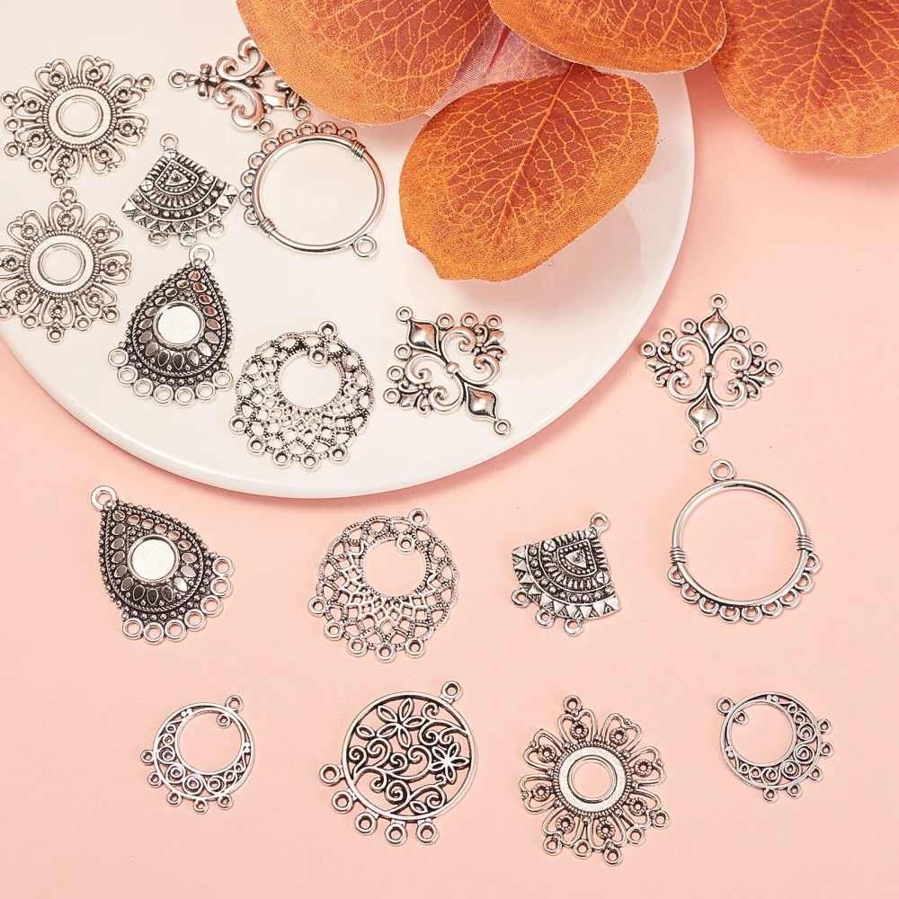 60pcs Mixed Styles Chandelier Charms Vintage Flower Shape Tibetan Connectors Antique Silver Filigree for Jewelry Making Earrings