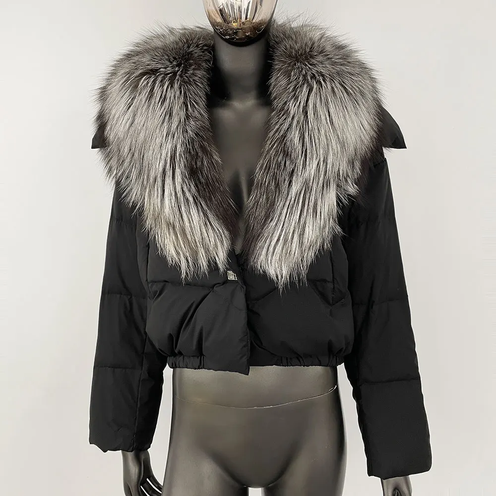 New Winter Big Natural Real Fox Fur Collar Thick Warm Street Wear Real Racoon Fur Jacket Women Duck Down Coat Short Outerwear
