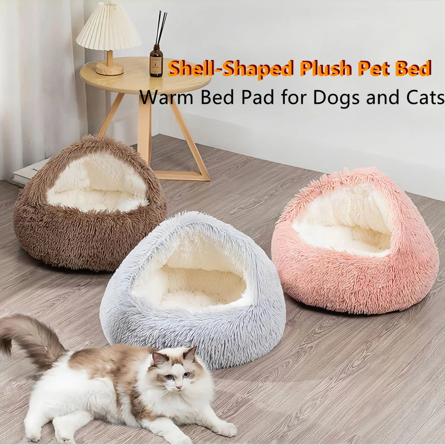 Coussin confortable pour chats et chiens, matelas chaud et doux en peluche, lit pour animaux de compagnie en forme de coquille semi-fermée, nids de couchage pour chats et petits chiens, chatons