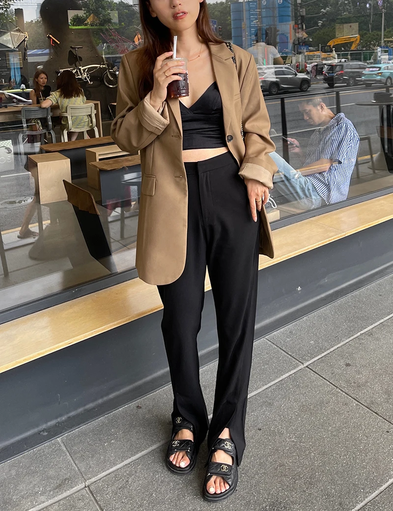 

Брюки женские повседневные с высокой талией и разрезом, прямые, удлиненные, для офиса, весна-лето, Bluejasmine2024