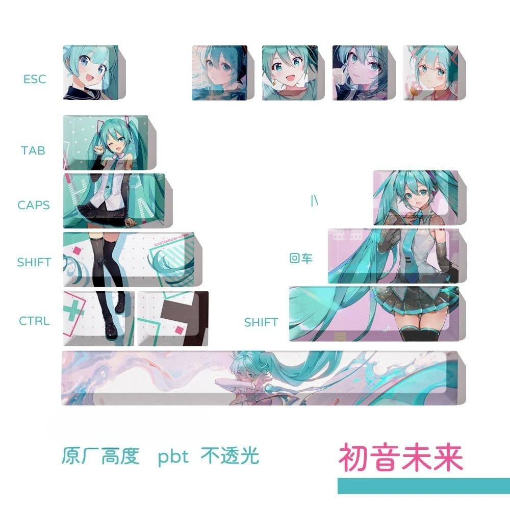Hatsune Miku Keycaps, OEM Height PBT Dye-Sub Mechanical Keyboard Keycap, Anime Desk Decor Gift view 2
