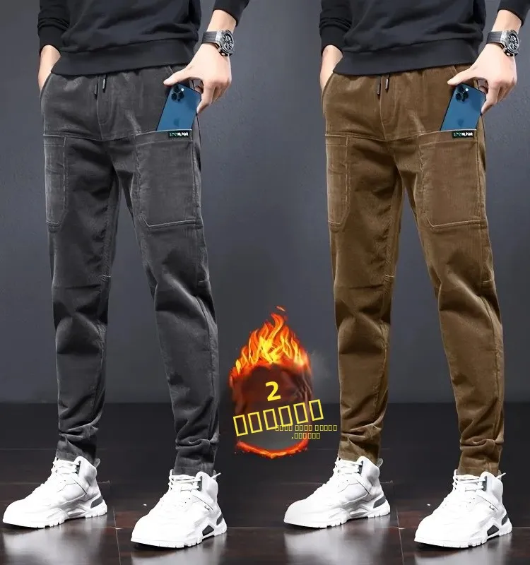 

Мужские повседневные брюки для работы 2023, осенне-зимние, вельветовые, прямого кроя, утепленные, молодежные, длинные, модные