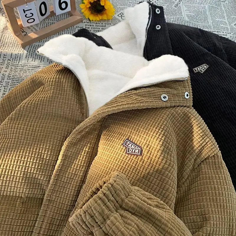 

Korean Color Polar Fleece Stand Collar Parkas for Men Winter Long Sleeve Cotton Liner Thickened Warm Jacket Loose Casual Top