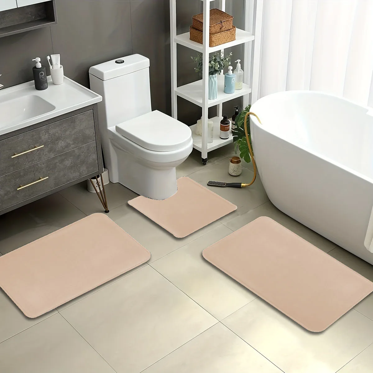 3PC, pure color sponge flat simple style bathroom toilet water-absorbent non-slip floor mat set, can wash home decoration