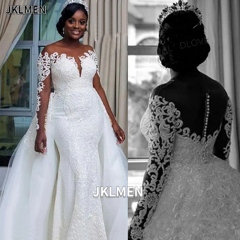 South African Mermaid Wedding Dresses Detachable Train Sheer Neck Off Shoulder Long Sleeves 2021 Bridal Wedding Gowns