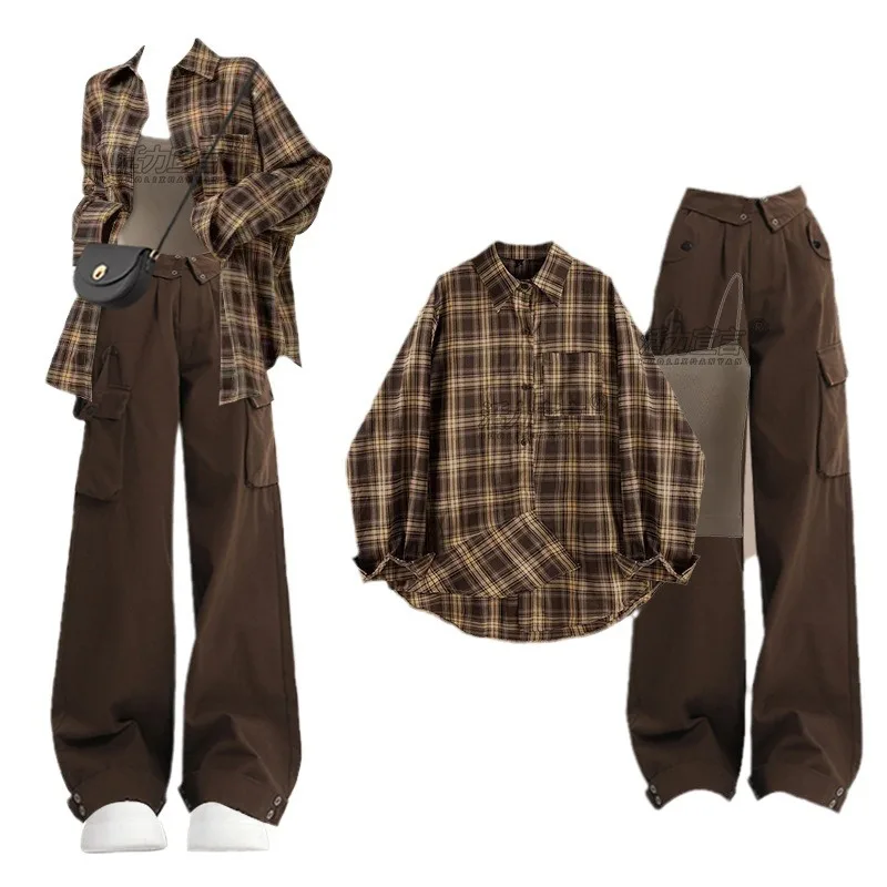 

Spring and Autumn Set Women's New Style Maillard Wearing Checkered Shirt Tank Top Work Pants 3-Piece Set