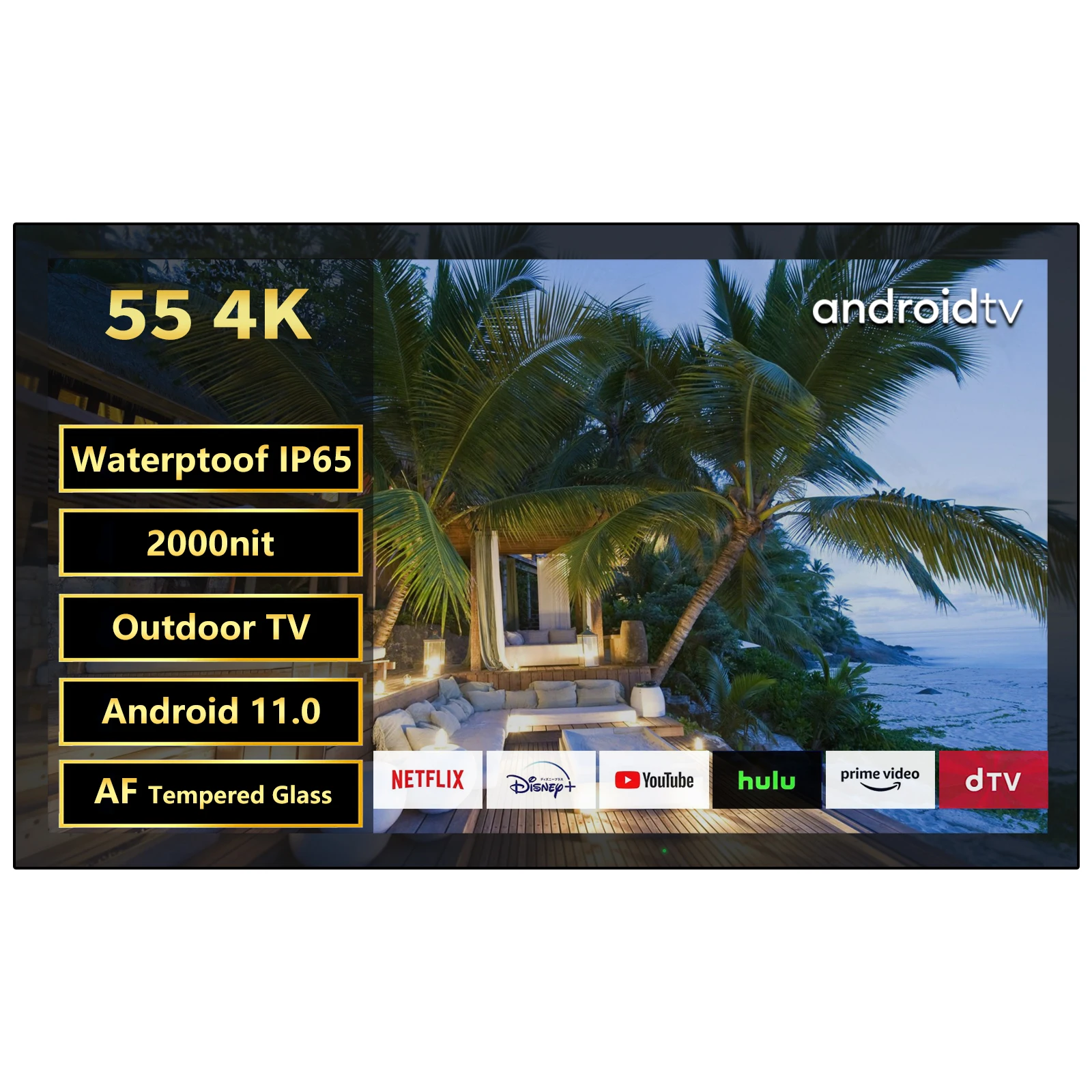 Soulaca Tv Da Esterno Smart Tv Da 55 Pollici Impermeabile 4K Televisore Resistente Alle Intemperie Per Esterno, Luminosità 1000 Nit Parziale Sole