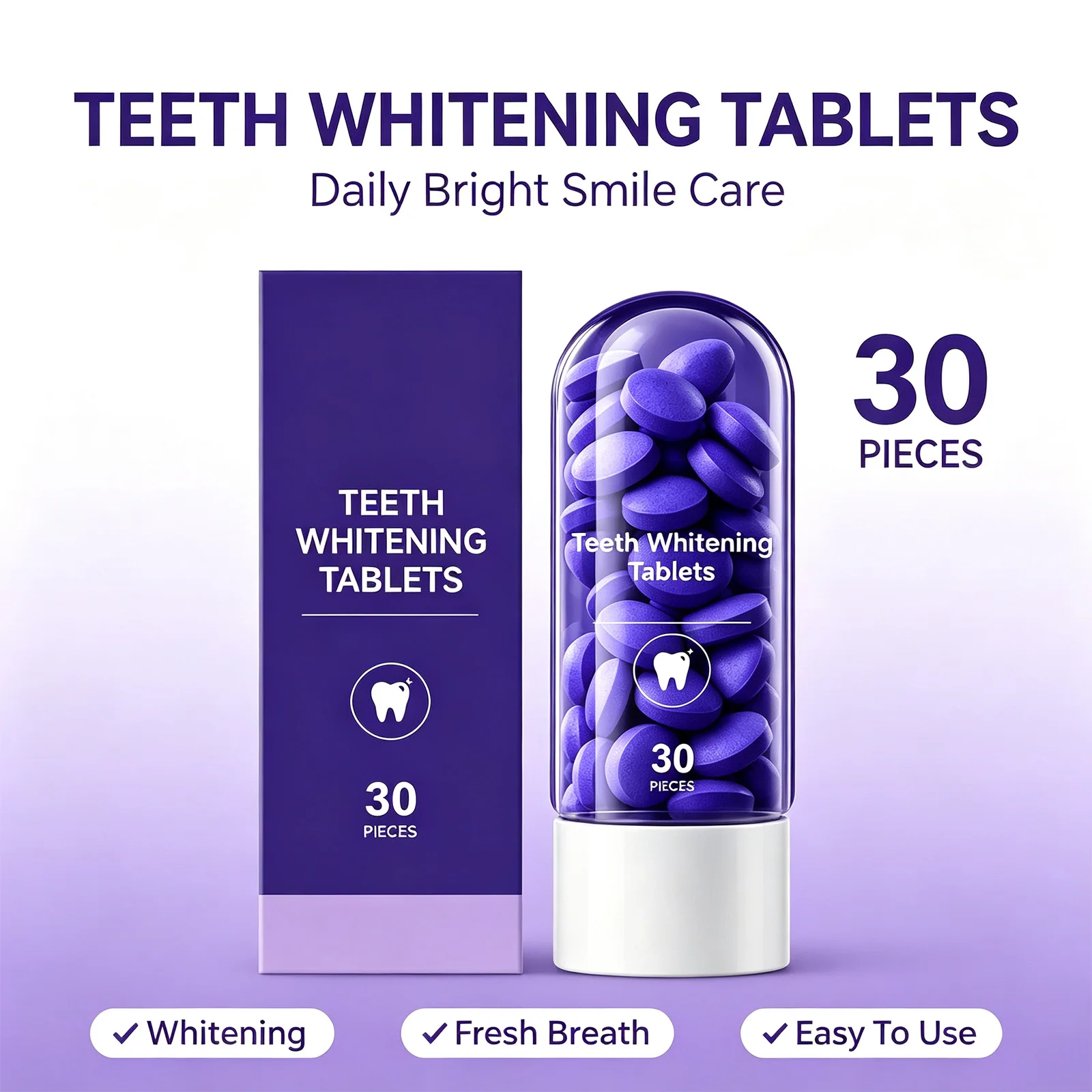 Purple Teeth Brightening Tablets Gentle Daily Cleaning Portable Toothpaste Tablets Fresh Breath Mint Flavor Travel Safe 30 Count