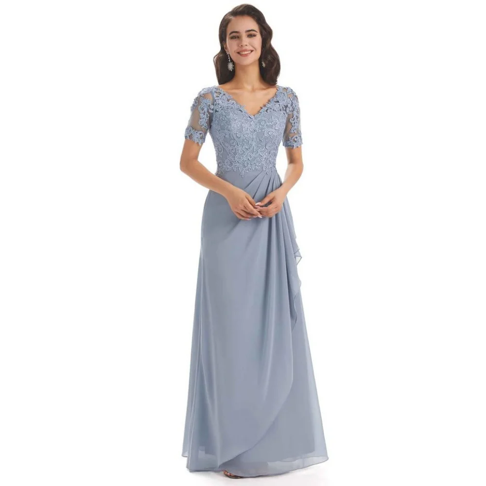 

Customized A Line Chiffon Mother of Dresses Elegant Lace Short Sleeve Evening Gown Formal V Neck vestido invitada boda