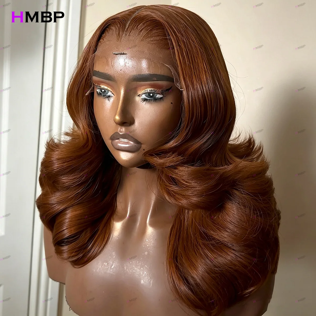 # Perruque brésilienne en cheveux humains ondulés auburn moyen, densité 450, avec dentelle frontale 360HD, pré-épilée, sans colle, pour usage quotidien