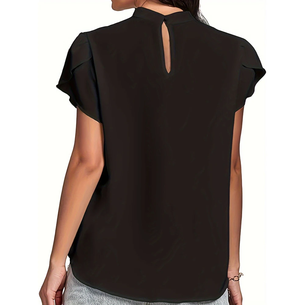 Womens Pleated Wrapped Shirt Top Short Sleeve Curved Keyhole Back Pure Color Regular Fit for Daily Holiday Use
