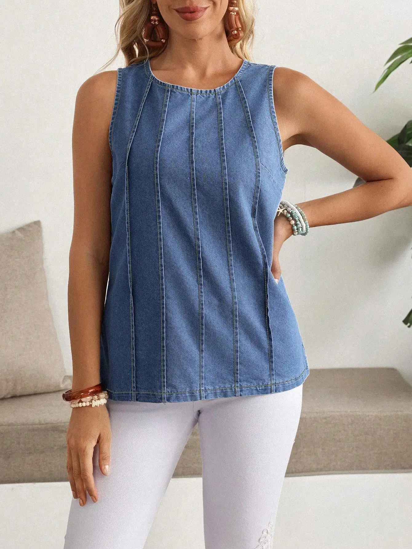 

Sleeveless Denim Casual Top For Women Summer Blue Solid Loose Fit