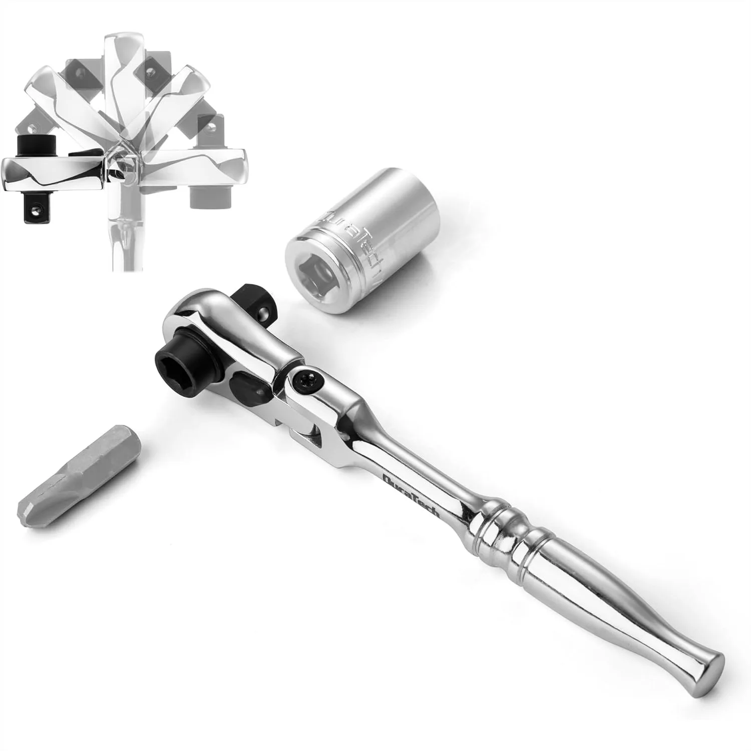 

1/4" Drive Ratchet Handle with Flex Head, 72-Tooth Reversible Switch, Chrome Plated Alloy Steel for Easy DIY and Professional