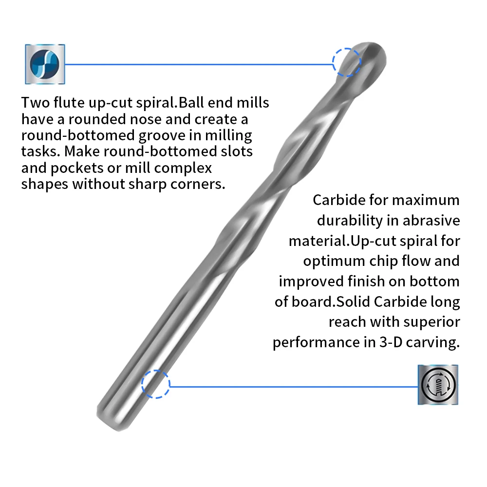 Twotrees 3.175mm Double Edge Straight Slot Milling Cutter Helical Ball End Milling CutterFor TTC450 CNC Router Metal Milling