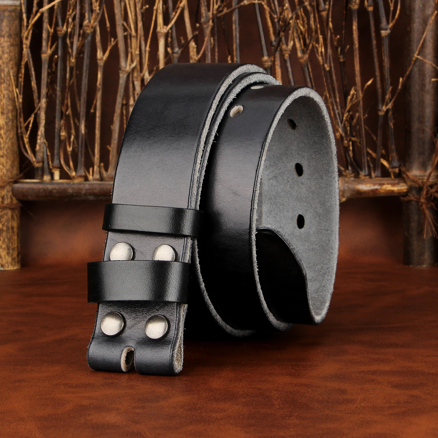 Sogefimen Herren-Gürtel ohne Schnalle, Gürtel aus Vollnarbenleder für Herren, Rindsleder, Jeans, Braun, Schwarz, 38 mm breit, 30''-42'' Taillenweite – Detail 4
