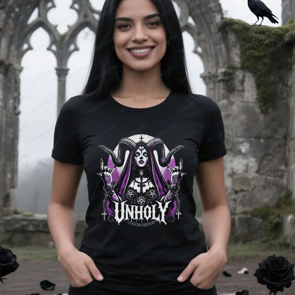 

Футболка Unholy Nun, забавная футболка ужасов Choked Up Unholy Nun, сатана, готическая футболка, рубашка на Хэллоуин, мужские и женские футболки в темном стиле панк