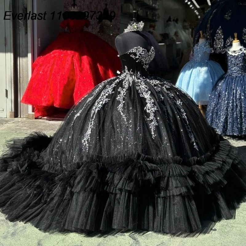 Evlast Zwarte Quinceanera Jurk Baljurk 2024 Kanten Applique Kralen Gelaagde Korset Mexican Sweet 16 Vestidos De Xv 15 Anos Tqd649