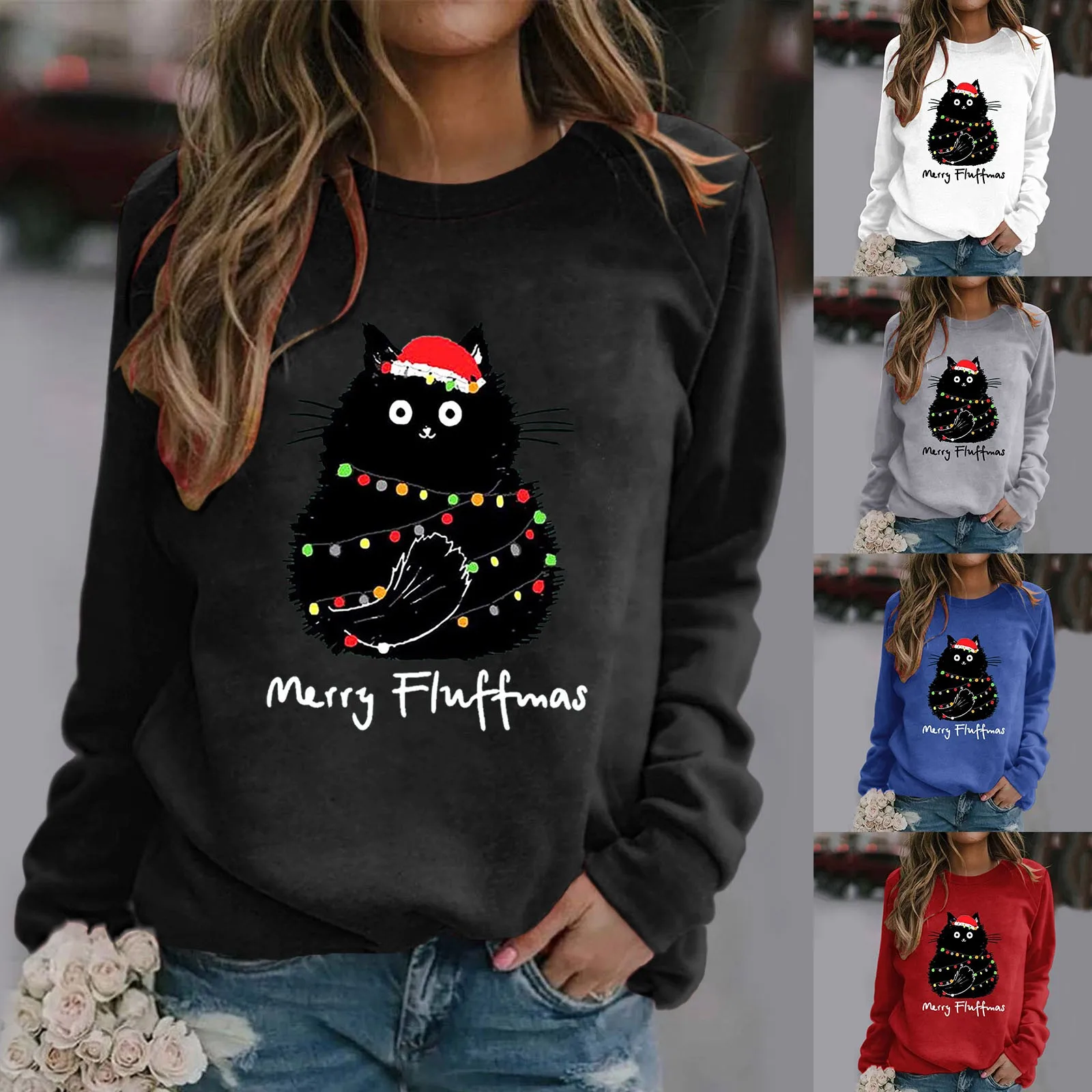 Sudadera holgada con estampado navideño de Feliz Fluffmas, jersey sin capucha con cuello redondo, Tops informales de manga larga para entrenamiento con capucha para mujer