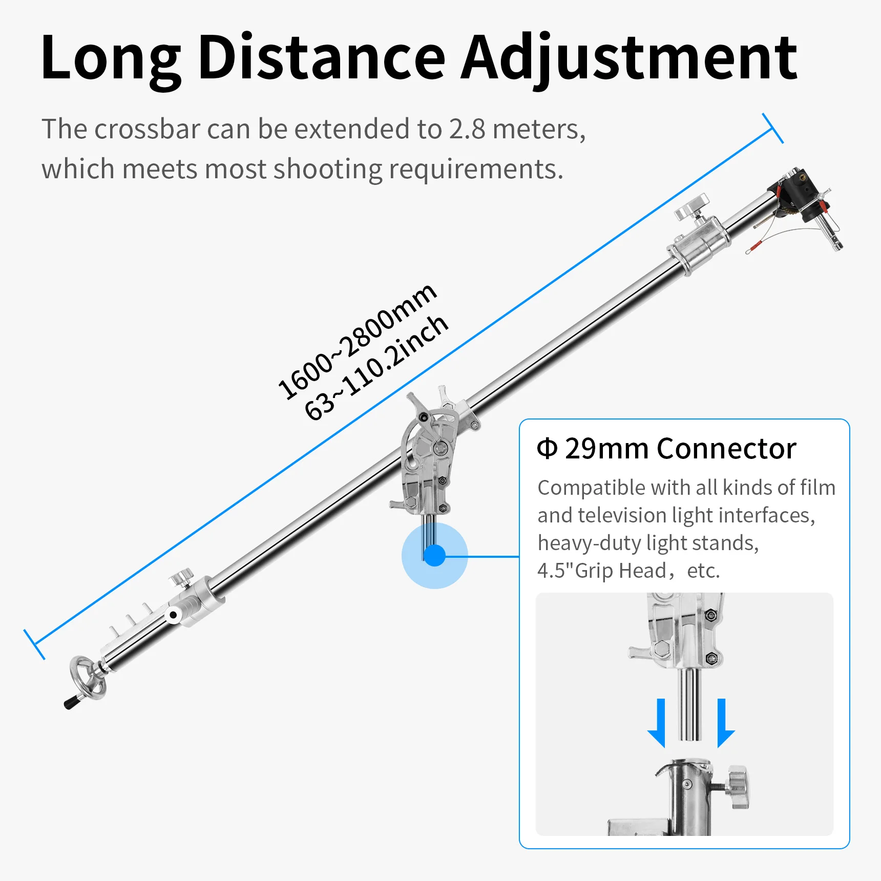 Selens-brazo de manivela de alta resistencia, 1,6-2,8 M, carga de 10kg, montaje de 1/4 "y 3/8" y orificio de 29mm para iluminación fotográfica, trípode Flash