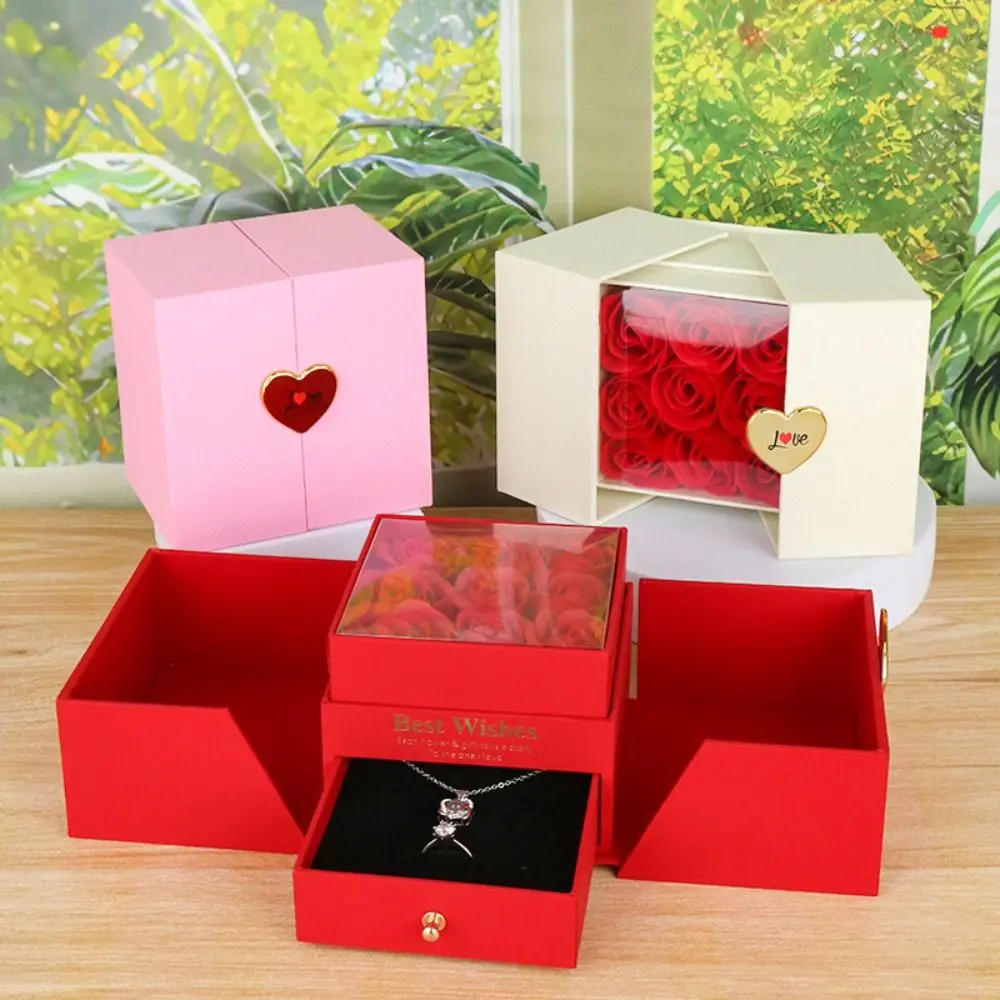 Caja de regalo creativa con forma de rosa en forma de corazón, joyero portátil emergente automático, caja de anillo de diamante para boda de niña