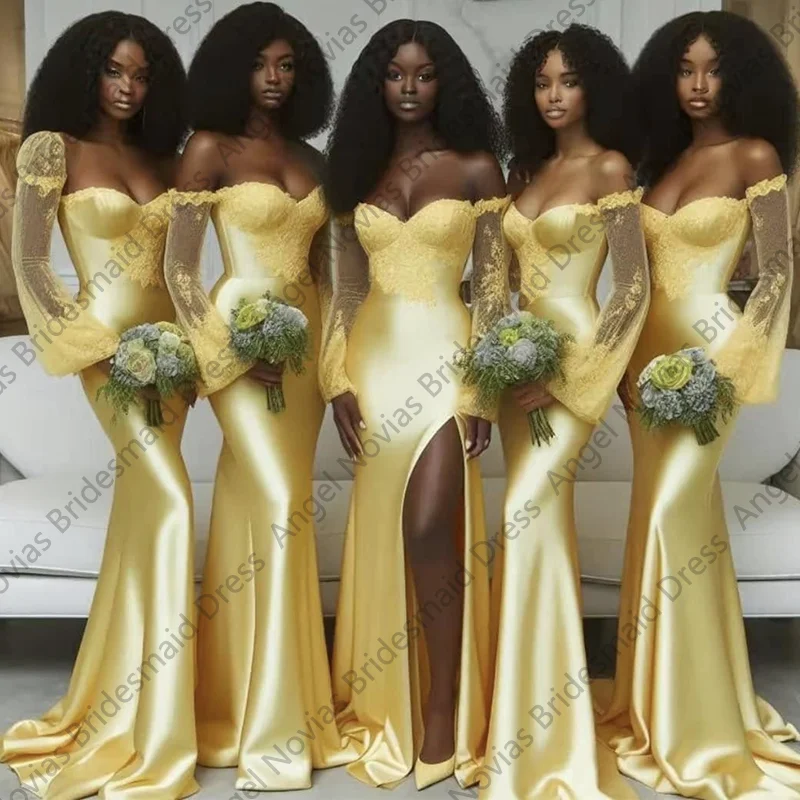 

Customized Long Sleeves Mermaid Yellow Bridesmaid Dresses 2025 Wedding Party Maid Of Honor Dress wedding guest dress women