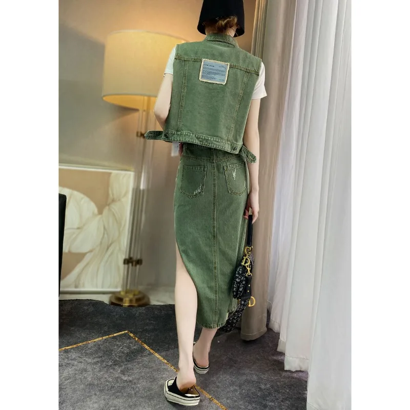 

Европейская станция, зеленый жилет, полуюбка, комплект из двух предметов, новый весенне-осенний модный шикарный джинсовый костюм для женщин, европейские товары