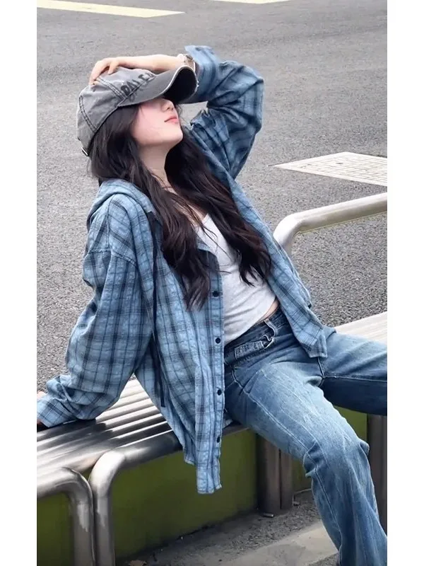 

Blue Plaid Sun Protection Long Sve Thin Hooded Summer Jaet Loose irt for Teen Boys Youth Faion Cool Haome Outerwear