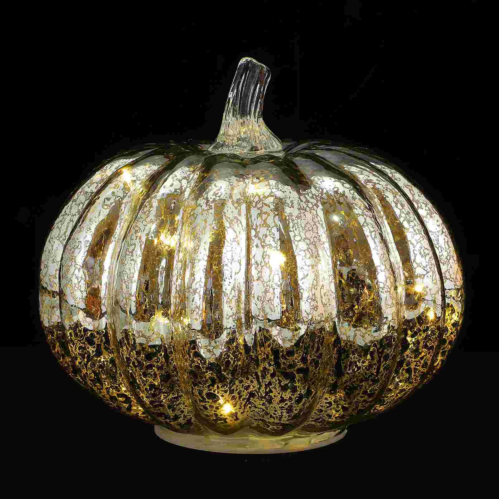 Halloween Glass LED Light up Jack-o-lantern Simulated Pumpkin Lamp Electronic Statue Silver Party Decoration