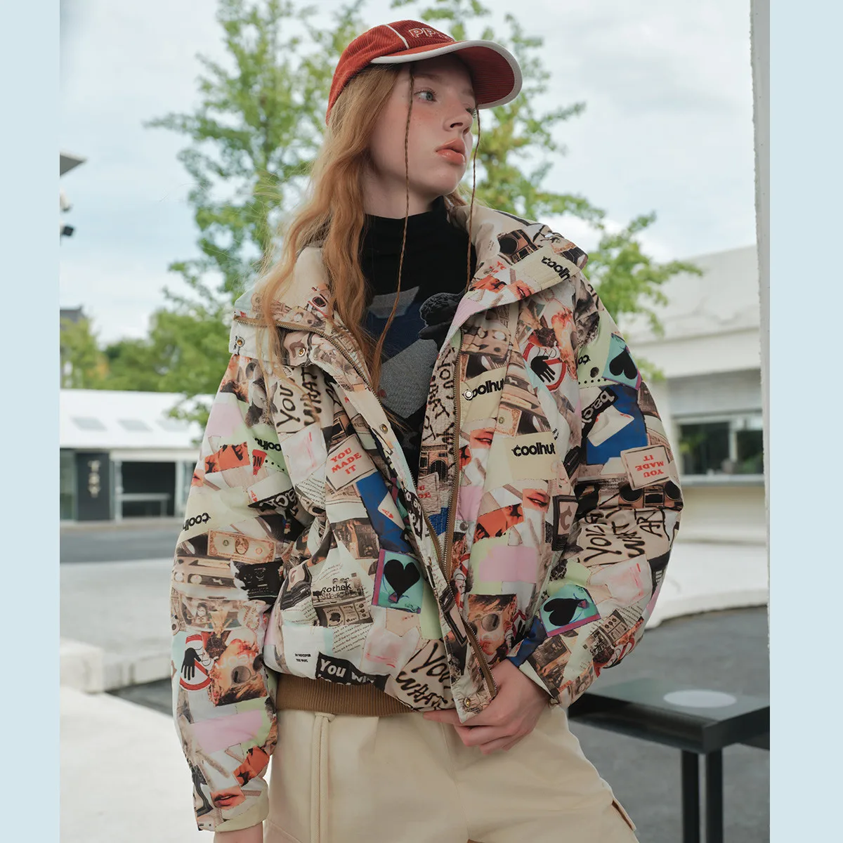 

COOLHUT Dopamine Doodle Print Parka 2025 Winter 90% Down Fill College Style All-Over Patterned Puffer Playful Academic Outerwear