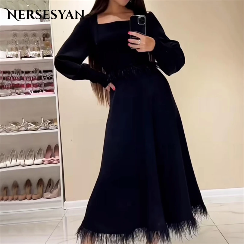 Nersesyan-فساتين سهرة أنيقة بأكمام طويلة مع الريش ، فساتين حفلات رايات ، رقبة مربعة ، 2022