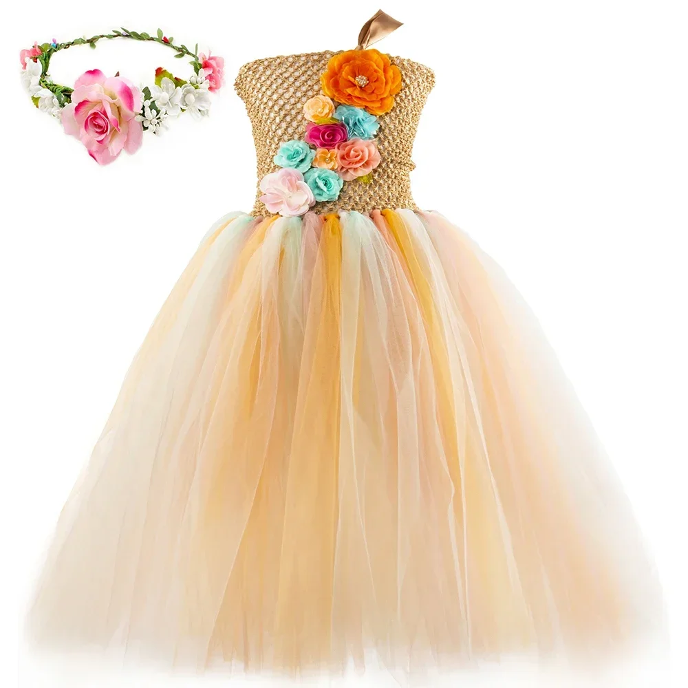 Flower Girl Fairy Tutu Dress Tulle Princess Dress Kids Wedding Birthday Party Dresses for Girls Fancy Fairy Costume with Wreath