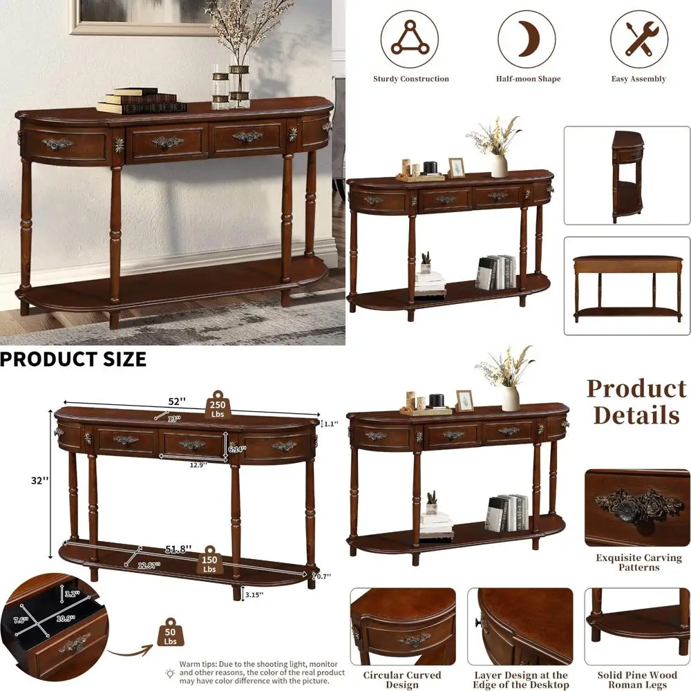 HMFULE 레트로 곡선형 콘솔 테이블, 52인치 반달형 콘솔 테이블 소파 테이블 현관 테이블 2개의 서랍과 1개의 오픈 선반 포함 솔리드 파인 L