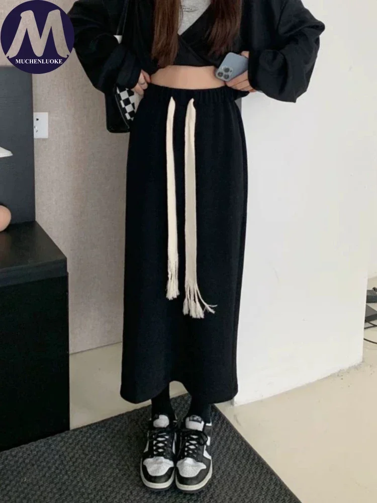 

Skirts for Women Autumn Winter New Korean Fashion Medium Length Lace Up Knitting Skirt Casual Loose Women's Straight Skirts