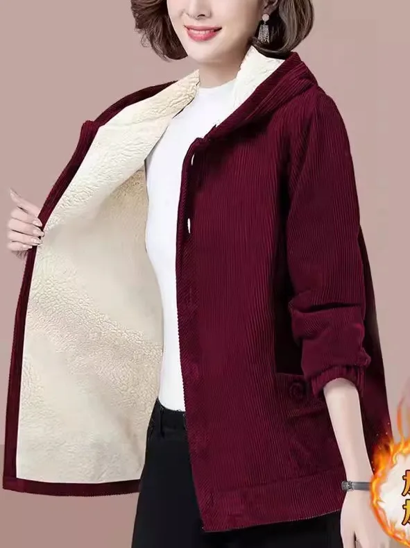 Thickened Fleece Women's Jacket Autumn Winter New Style High End Youthful Loose Casual Hooded Top Mommy Clothes Corduroy Mate...