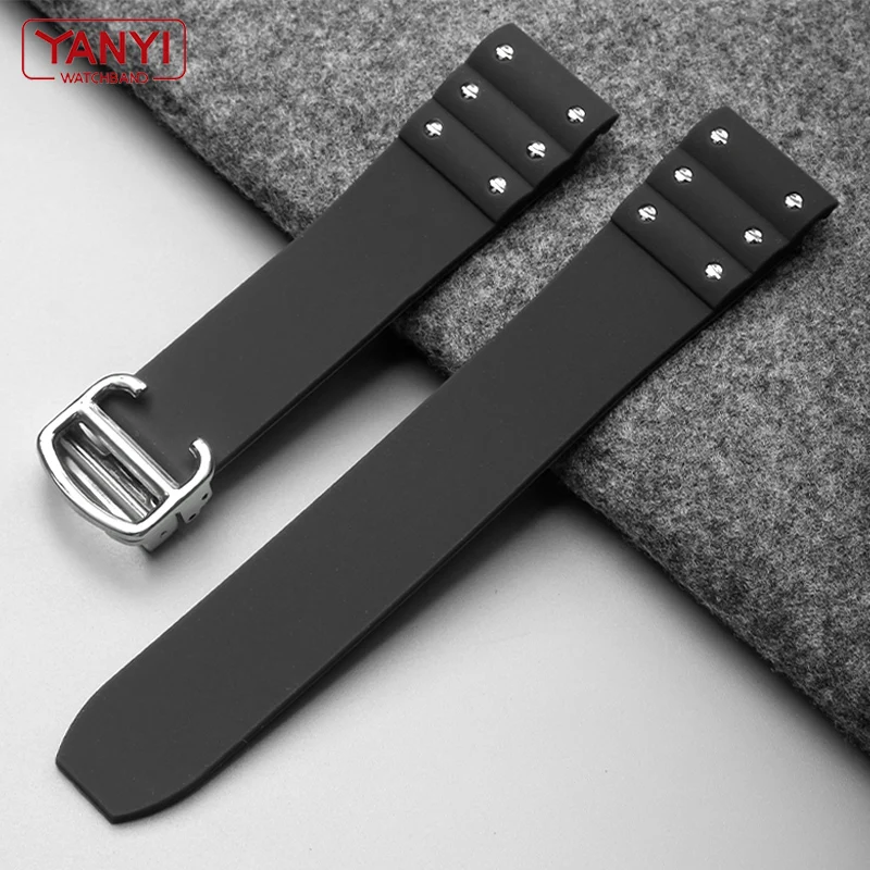 Rubber watchband For Cartier Santos watch strap 21mm Silicone bracelet Folding buckle Black Blue Wrist band