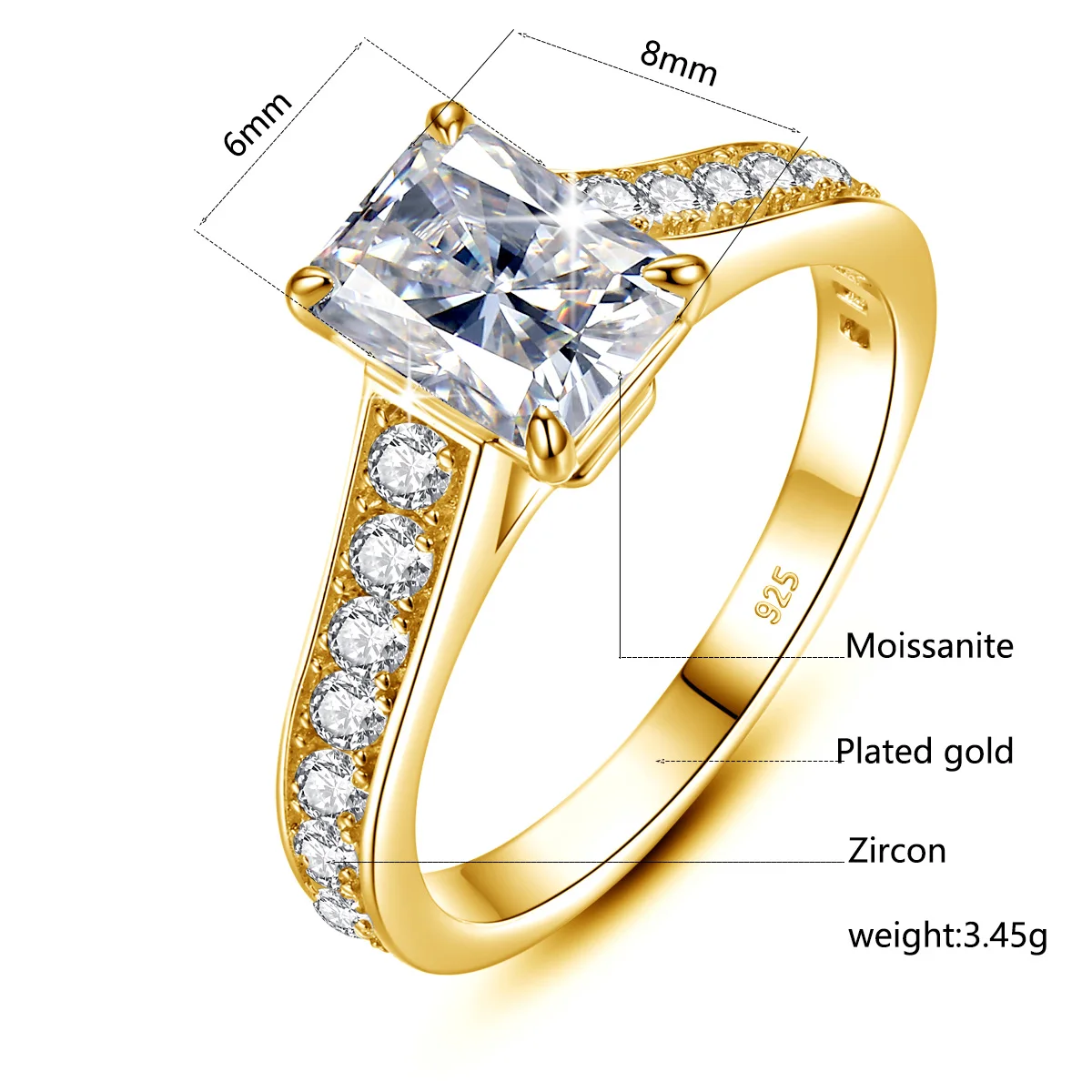 Gelbgoldener Moissanit-Ring im Smaragdschliff, 2 Karat, 6*8 mm, D-Farbe, Hochzeitsschmuck mit GRA-Zertifikat, luxuriöses Verlobungsgeschenk, Großhandel – Detail 1