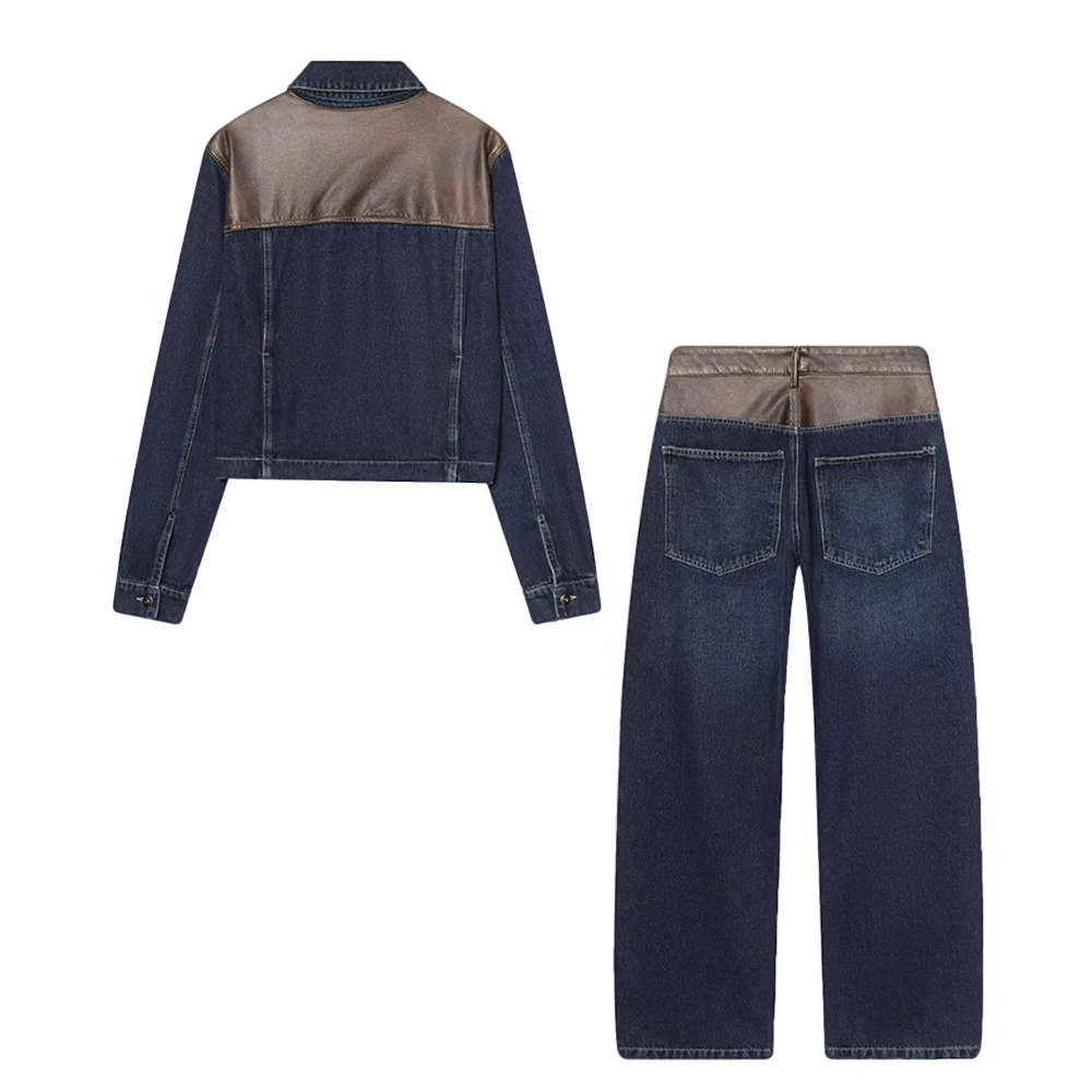 Vintage Women Denim 2 Piece Sets Indigo Cowgirls Co-ord Sets Contrasting Faux Leather Denim Effect Jacket and Straight Leg Jeans