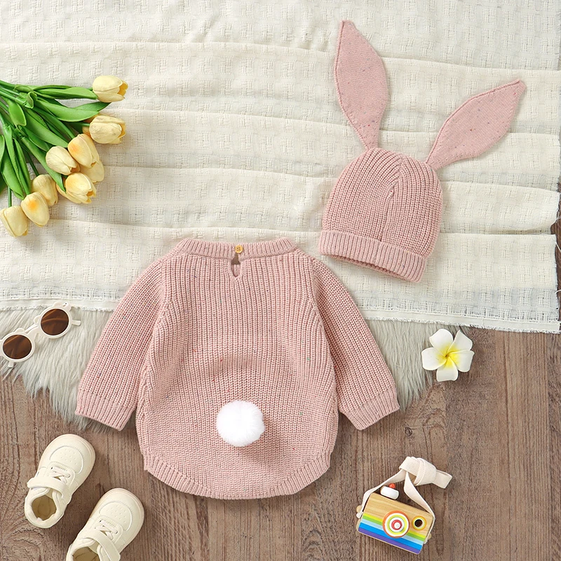 2pcs/Set 0-18m Spring Baby Easter Clothes Sets Cute Rabbit Hats+Bodysuits Outfits for Newborn Boy Girl Knitted Jumpsuits Costume