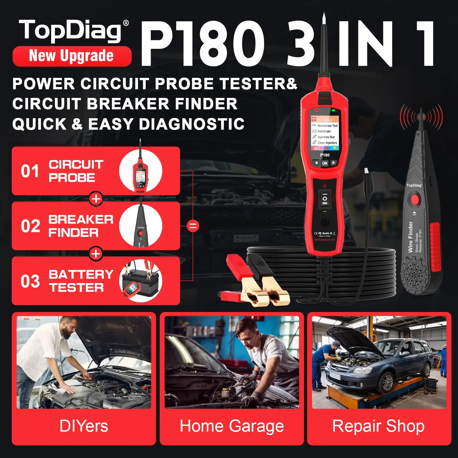Topdiag P180 Circuit Breaker Finder Tool for 12V 24V Vehicle Circuit Tester Car Battery Tester Fuel Injector Tester 9-30V Electrical Circuit Tracer AC DC Voltage Tester Fuse Tester