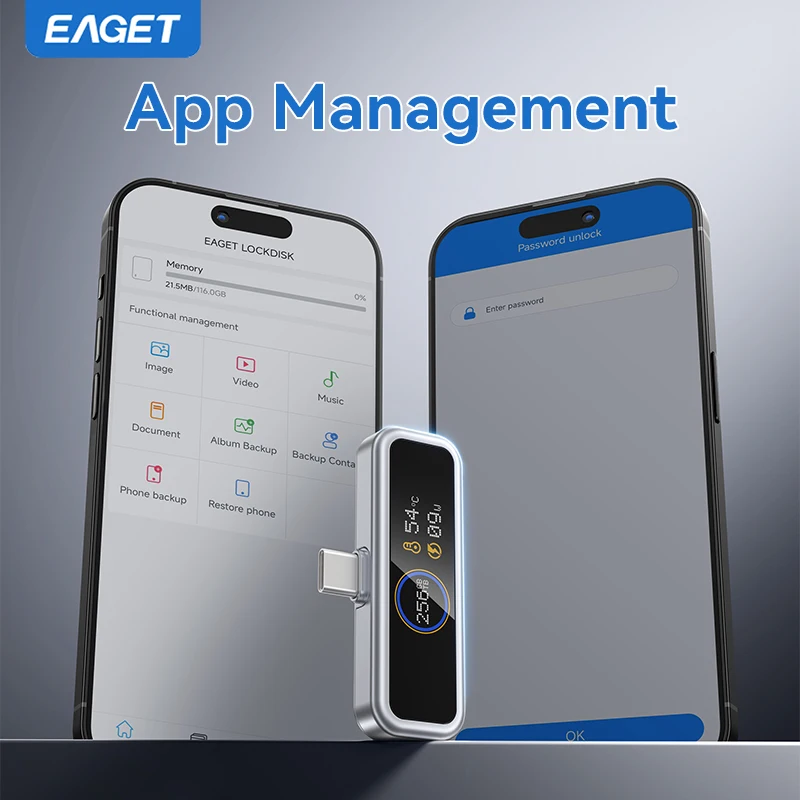 Eaget 64GB/128GB/256GB/512GB Type-C USB Flash Drive - i30, with LCD Displays and PD 20W Fast Charge  for Phone Tablet