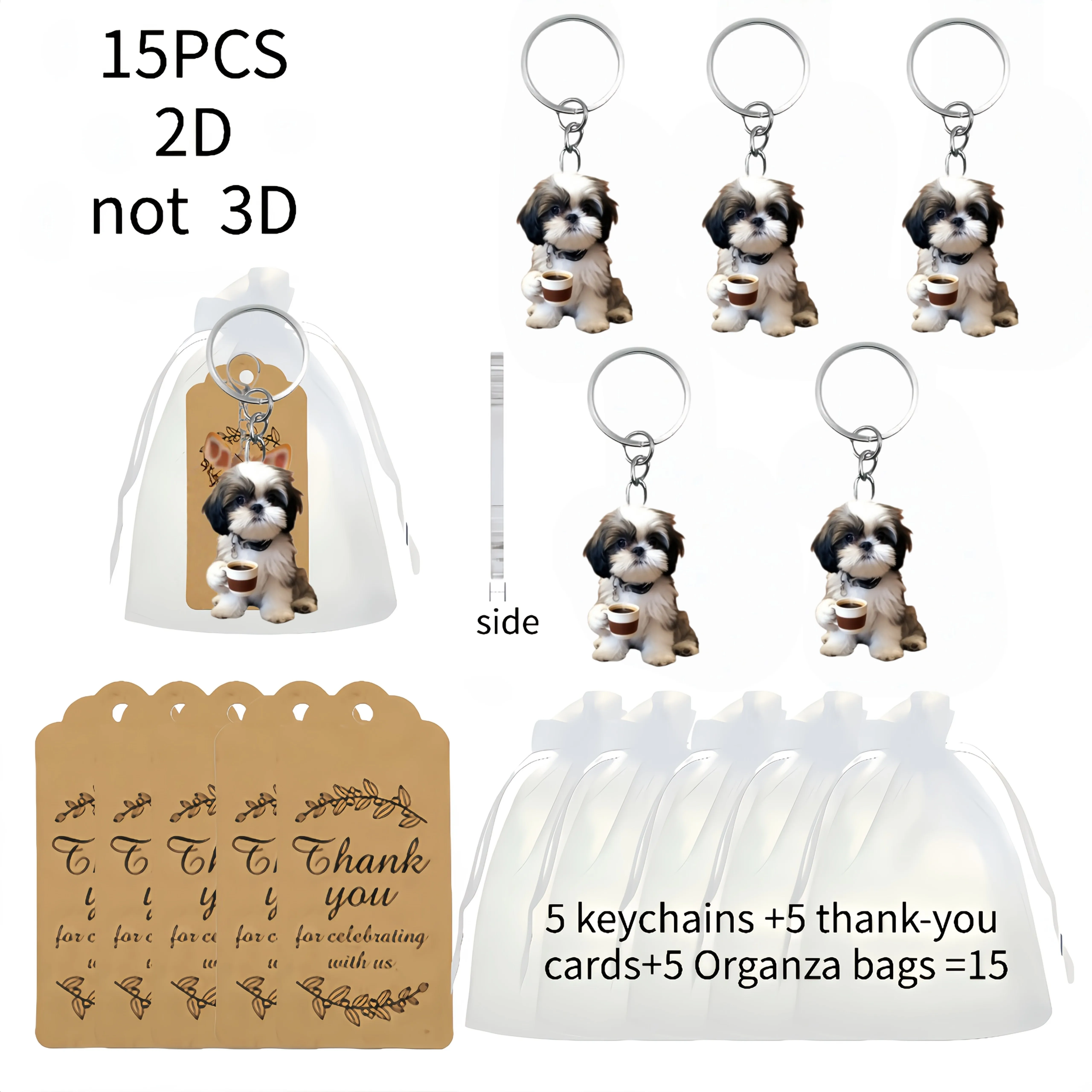 5 Sets Cute Shih Tzu Keychain 5pcs 2D Dog Acrylic Keychains + 5pcs Thank You Cards + 5pcs Organza Bags Key Decoration Party Gift