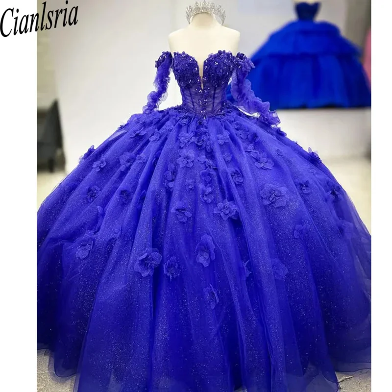 فساتين Quinceanera باللون الأزرق الملكي الأميرة الحلوة 16 سنة فتاة حفلة عيد ميلاد الخرز الدانتيل يزين Vestidos 15 De Quinceañera