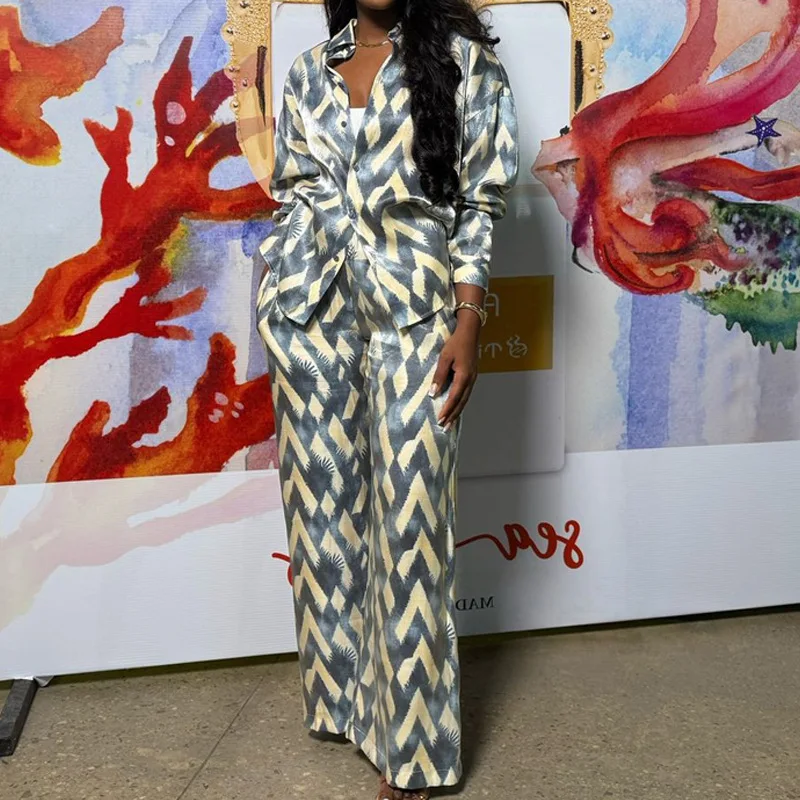 الموضة الأفريقية المرأة عادية العصرية فضفاضة مطبوعة 2 قطعة مجموعات بدوره إلى أسفل طوق قمصان طويلة الأكمام واسعة الساق بنطلون مستقيم #4