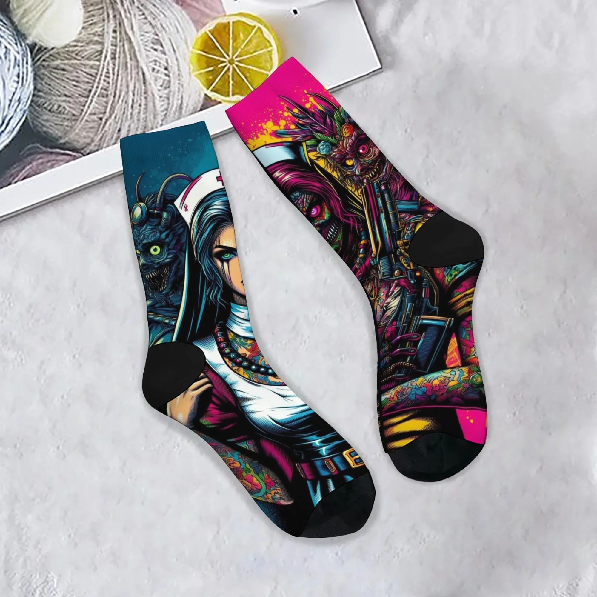 Cyberpunk Nurse & Skull Double-sided Joining Crew Socks Streetwear Breathable Soft Warm Perfect for Crazy Gift Daily Wear
